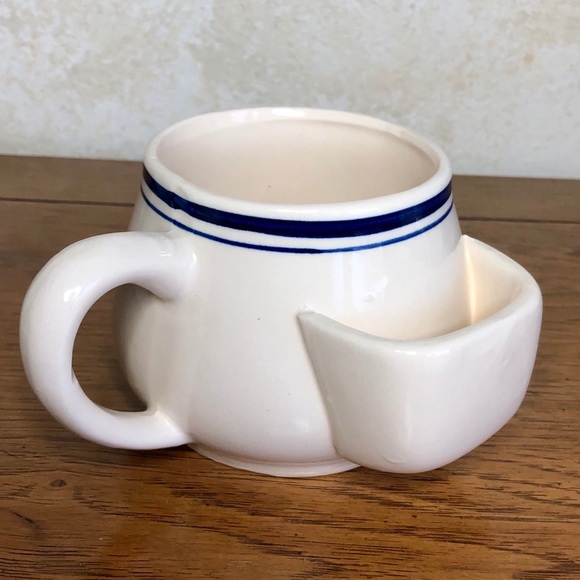 Vintage cobalt/white potbelly cup w/ tea bag rest